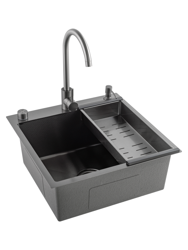 Кухонная мойка Futur FK 5050 Eco Embossing Pop-up Mixer plus (9554529) с сифоном, коландером, дозатором и смесителем   500х500х200  графит
